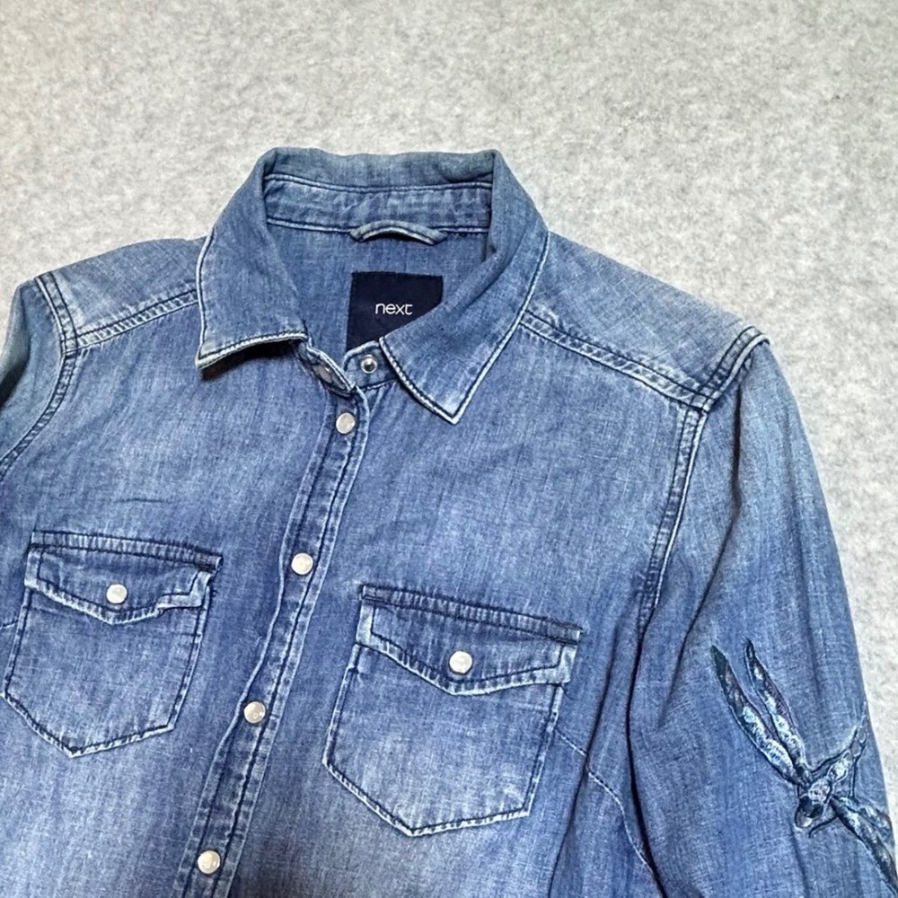 NEXT Women Blue Denim Shirt Pearl Snap Dragonfly Embroidered Button Down Shirt 8